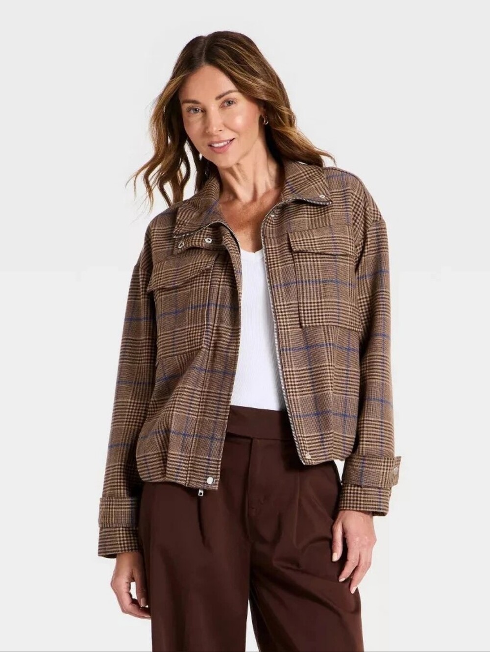 Women's Plaid Funnel Neck Field Jacket